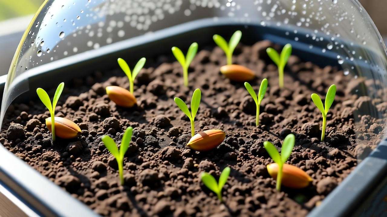 Seed tray with mimosa plant seeds sprouting in moist soil under a humidity dome, bathed in soft sunlight.
