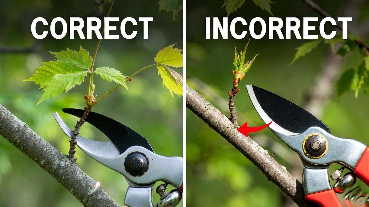 Visual guide comparing a correct thinning cut versus an incorrect heading cut used on Columnar Maple Trees to maintain their narrow shape.