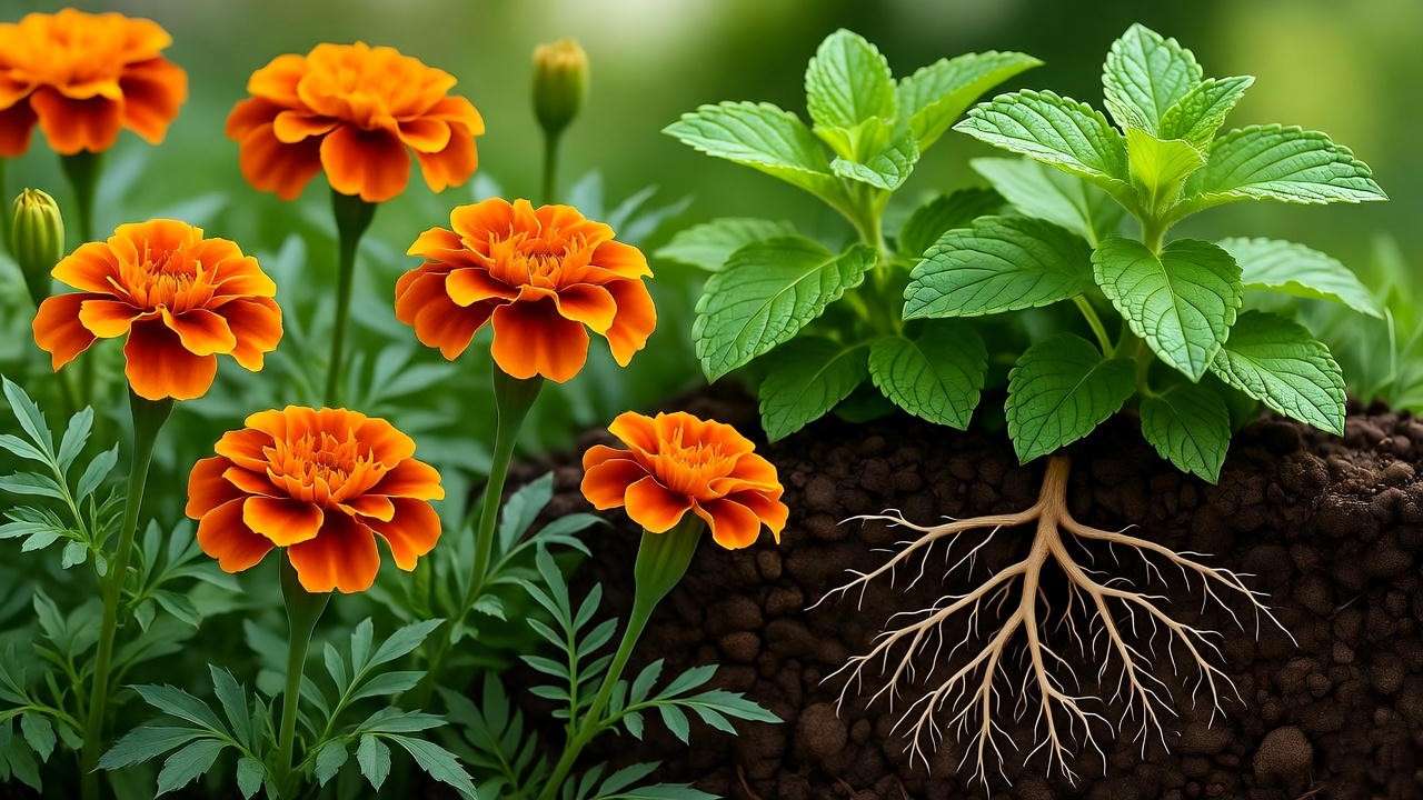 French marigolds protecting lemon balm from root-knot nematodes in companion planting