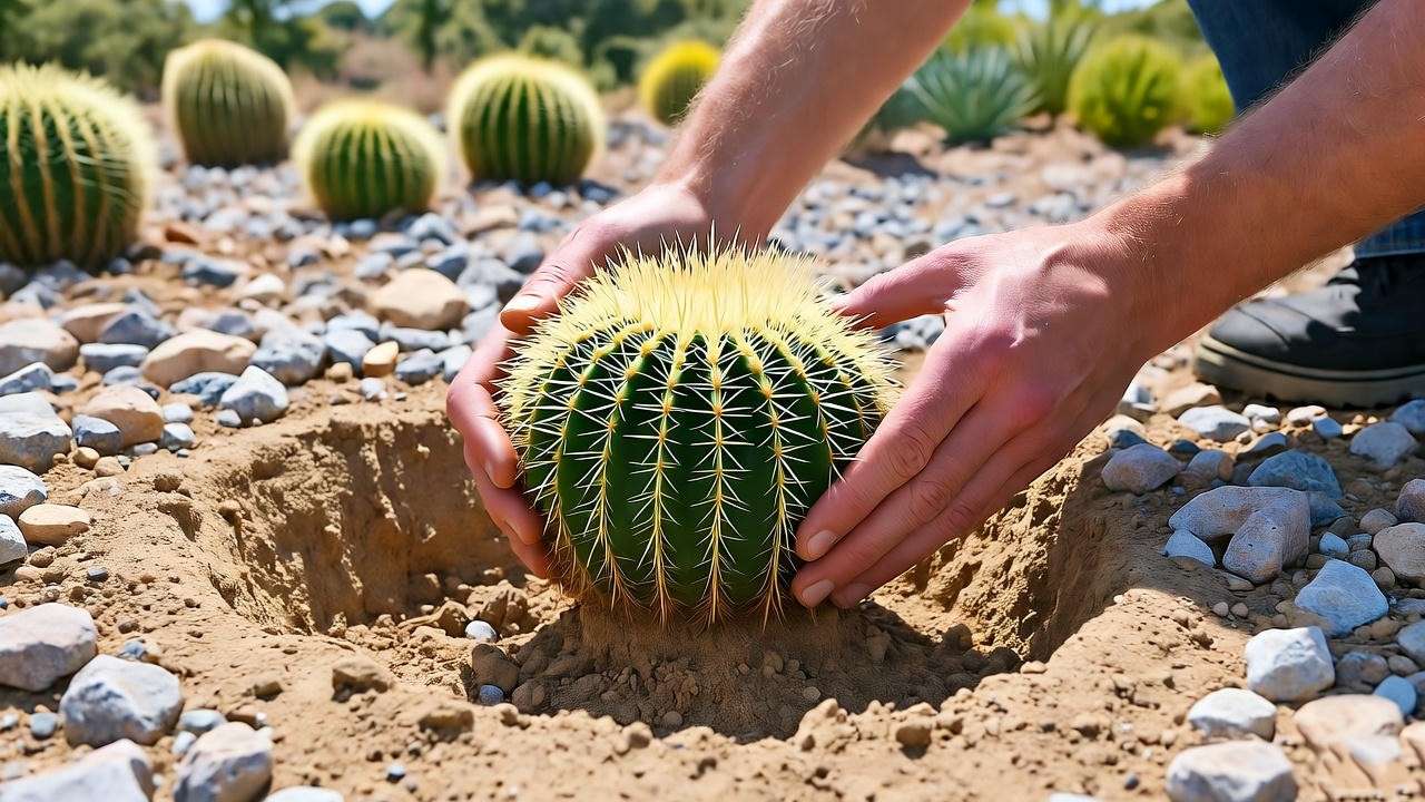 Close-up of gloved hands planting a Barrel Cactus in well-draining sandy soil in a sunny desert garden.