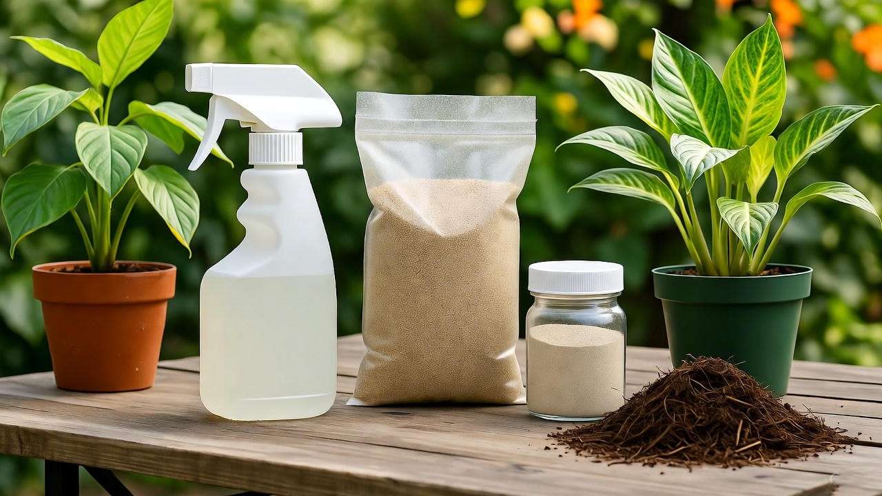 Display of plant food and fertilizer products, including liquid, granular, and organic options, on a garden table with potted plants.