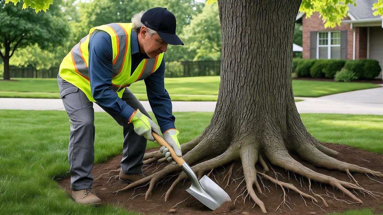 Certified arborist assessing tree roots in a suburban yard for safe cutting, demonstrating professional tree care expertise.