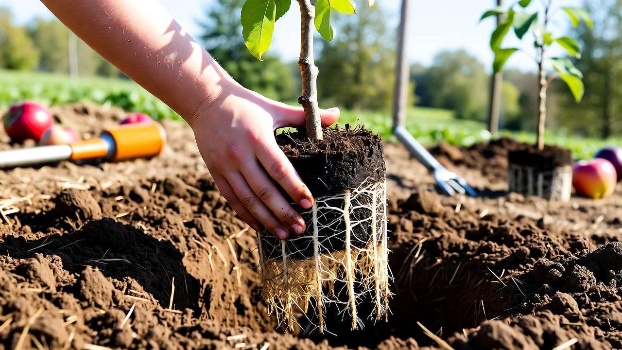 Gardener planting a Cosmic Crisp apple tree in well-drained soil under sunlight. 