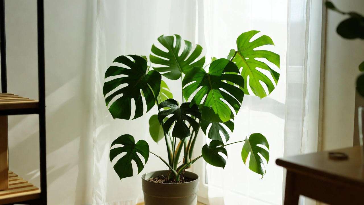 Monstera plant in a ceramic pot near a window, demonstrating ideal bright indirect light for green leaf plant care. 