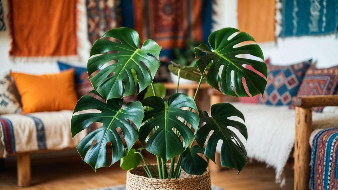 A Monstera Deliciosa in a woven basket in a bohemian living room with colorful decor. 