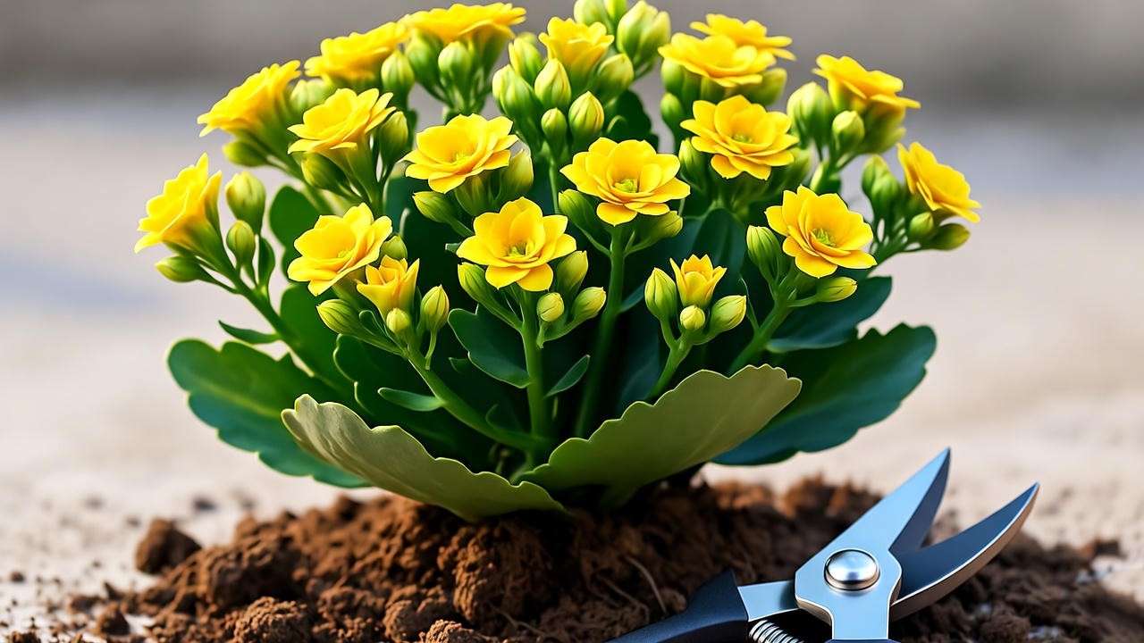 "Yellow kalanchoe plant with pruned stems and blooms, showing proper pruning techniques for healthy growth." 