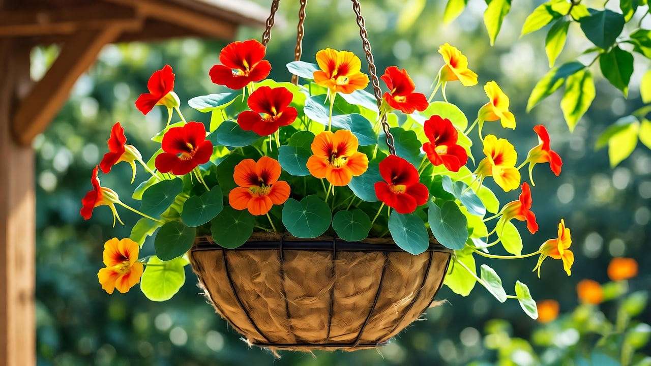 Colorful nasturtium flowers cascading from a hanging basket on a cozy patio.