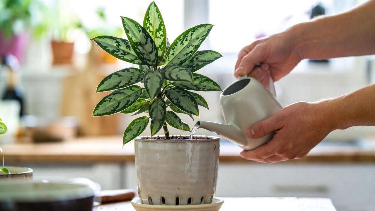 Hands watering a Silver Dragon Plant in a ceramic pot with a small watering can on a kitchen counter.