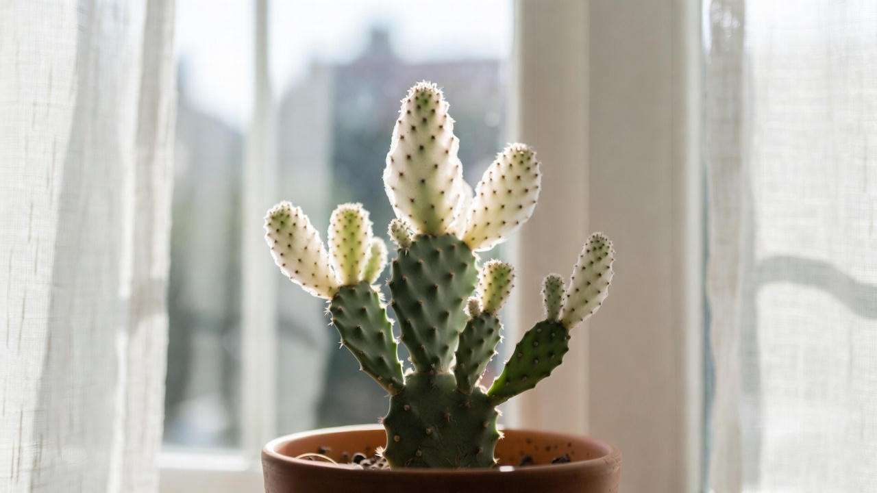 Ghost cactus plant in a terracotta pot near a window with bright, indirect sunlight, showcasing optimal lighting conditions.
