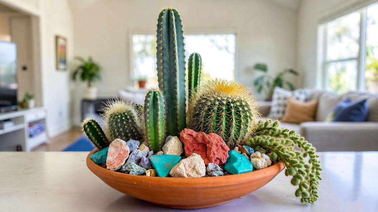 Vibrant mixed cactus plants arrangement with Cereus, Golden Barrel, and Rhipsalis in a terracotta bowl with desert rocks.

