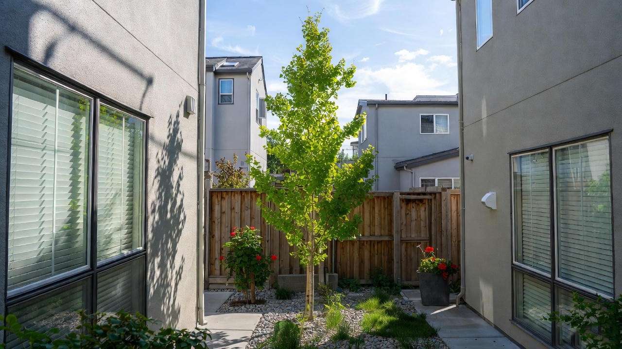 Columnar ginkgo tree thriving in a small urban garden with limited space.
