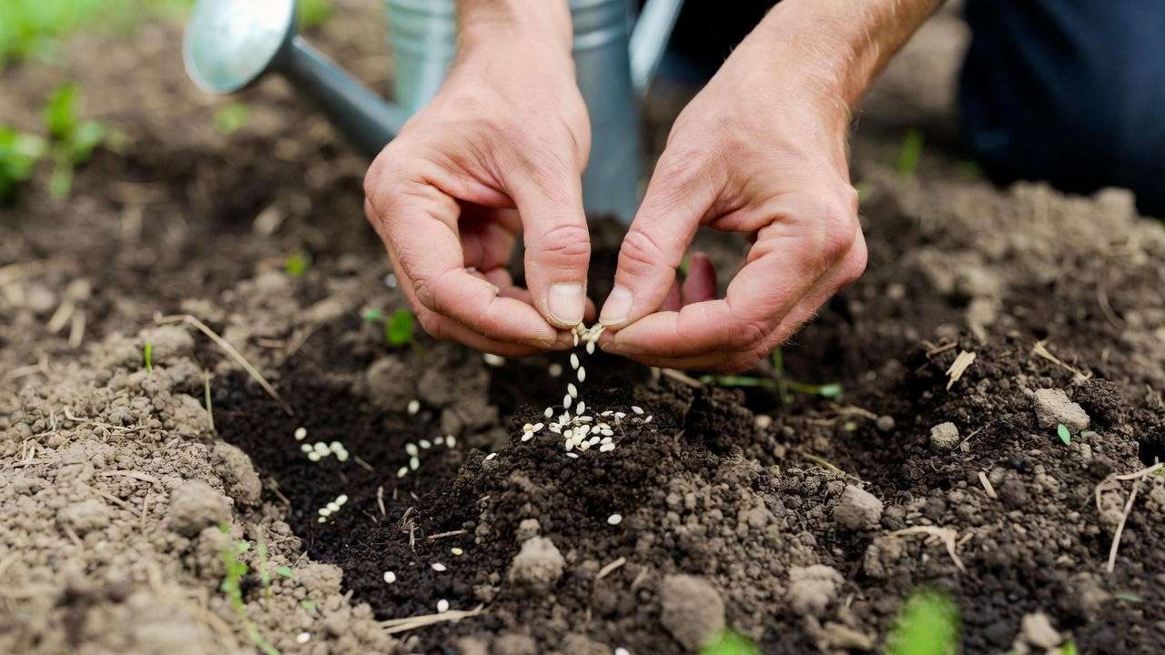 Gardener planting cosmos plant white seeds in well-drained soil, illustrating proper sowing techniques for healthy growth.
