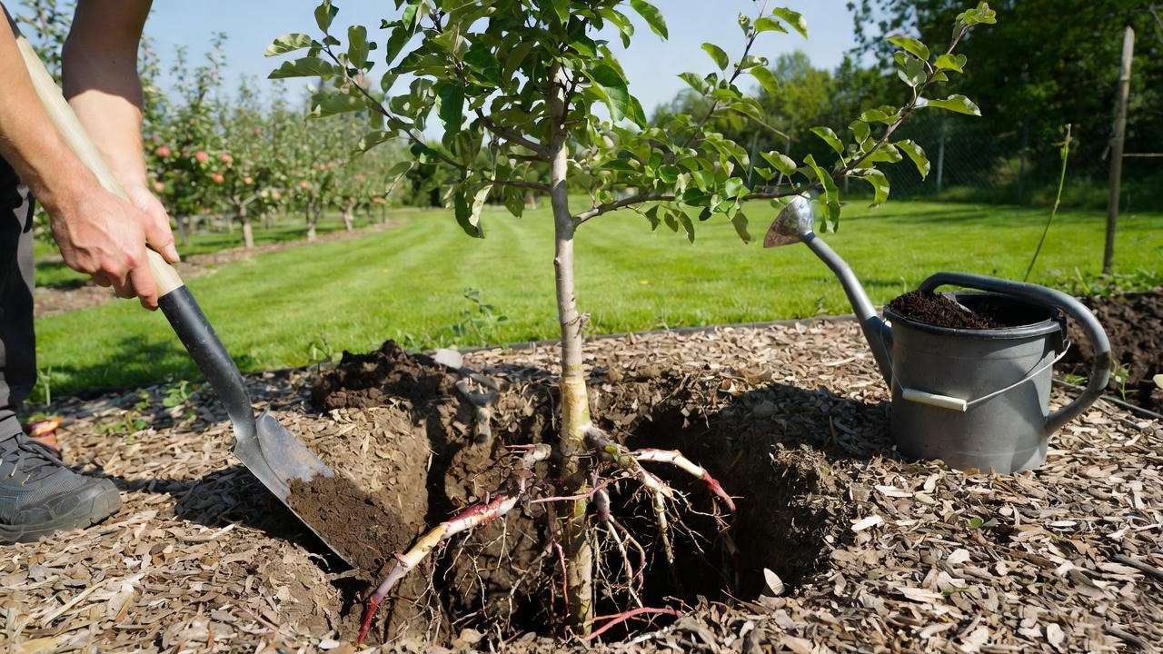 Gardener planting a grafted apple tree with visible graft union in a garden.