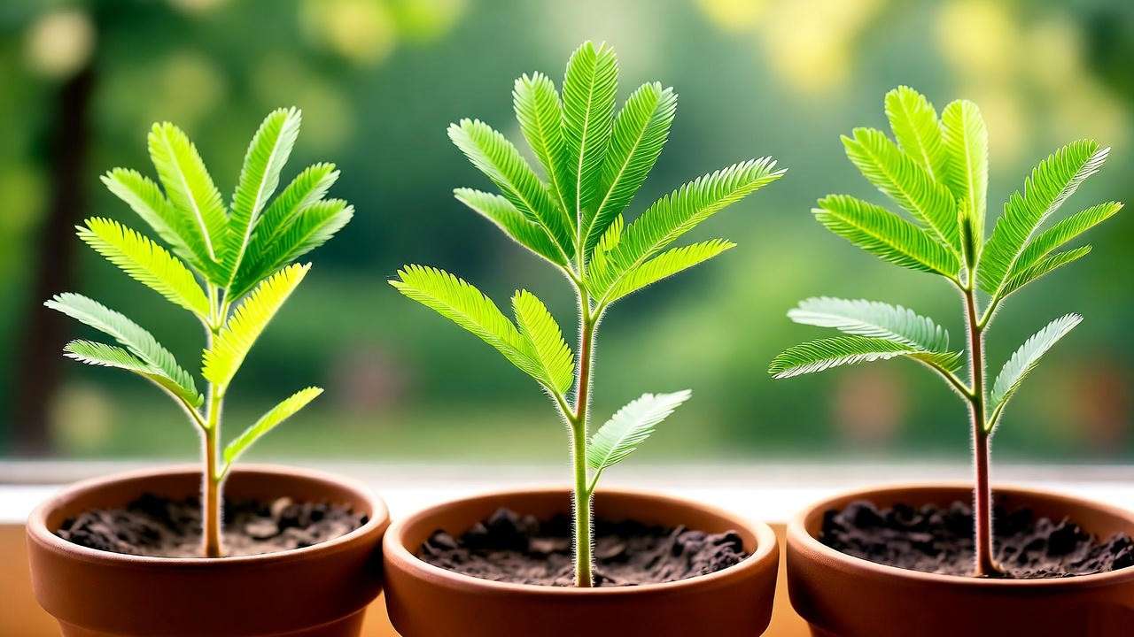  Young mimosa plant seedlings in terracotta pots on a sunny windowsill with a blurred garden background.
