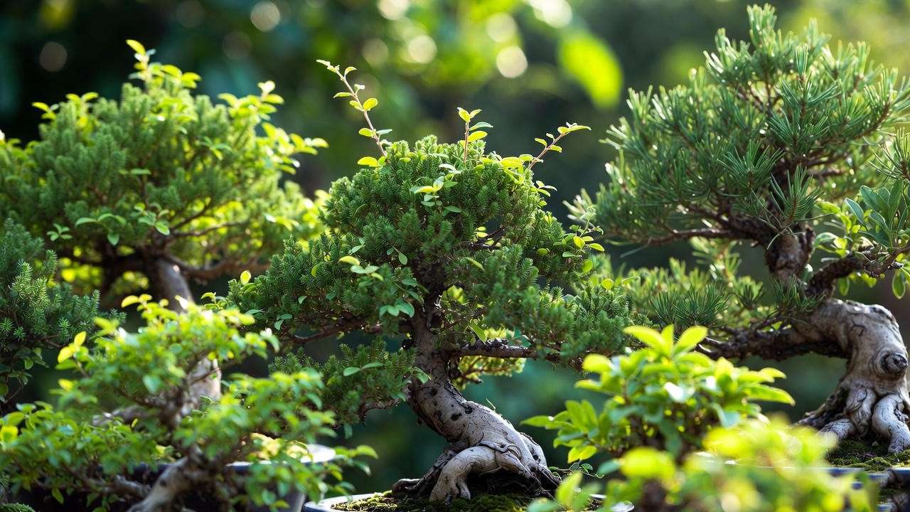 “Juniper, ficus, maple, and pine bonsai trees showing their natural size differences.” 