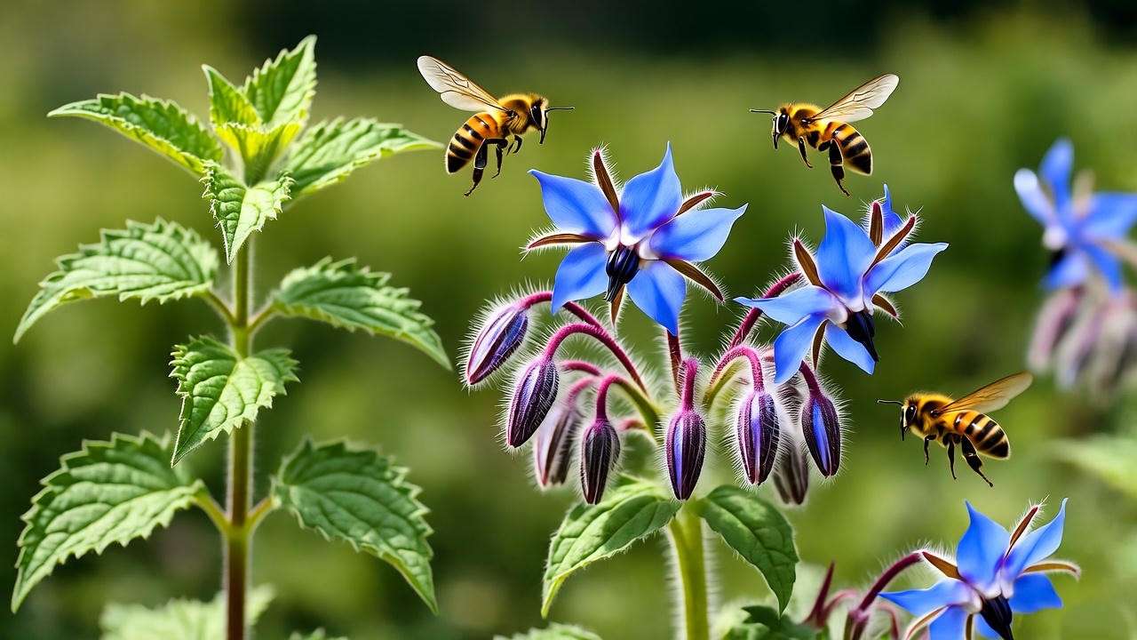 Borage attracting bees to pollinate lemon balm in companion herb