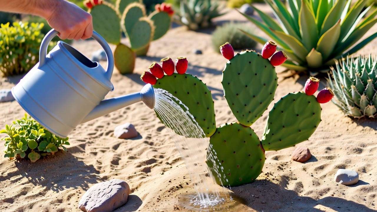 Person watering a Prickly Pear cactus with a watering can in a sunny desert garden with sandy soil and rocks.