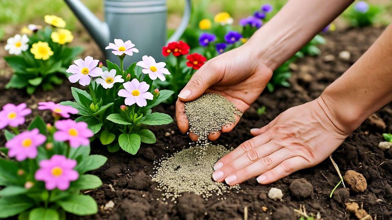 Gardener applying granular fertilizer around a flowering plant in a sunny garden bed, with a watering can nearby.