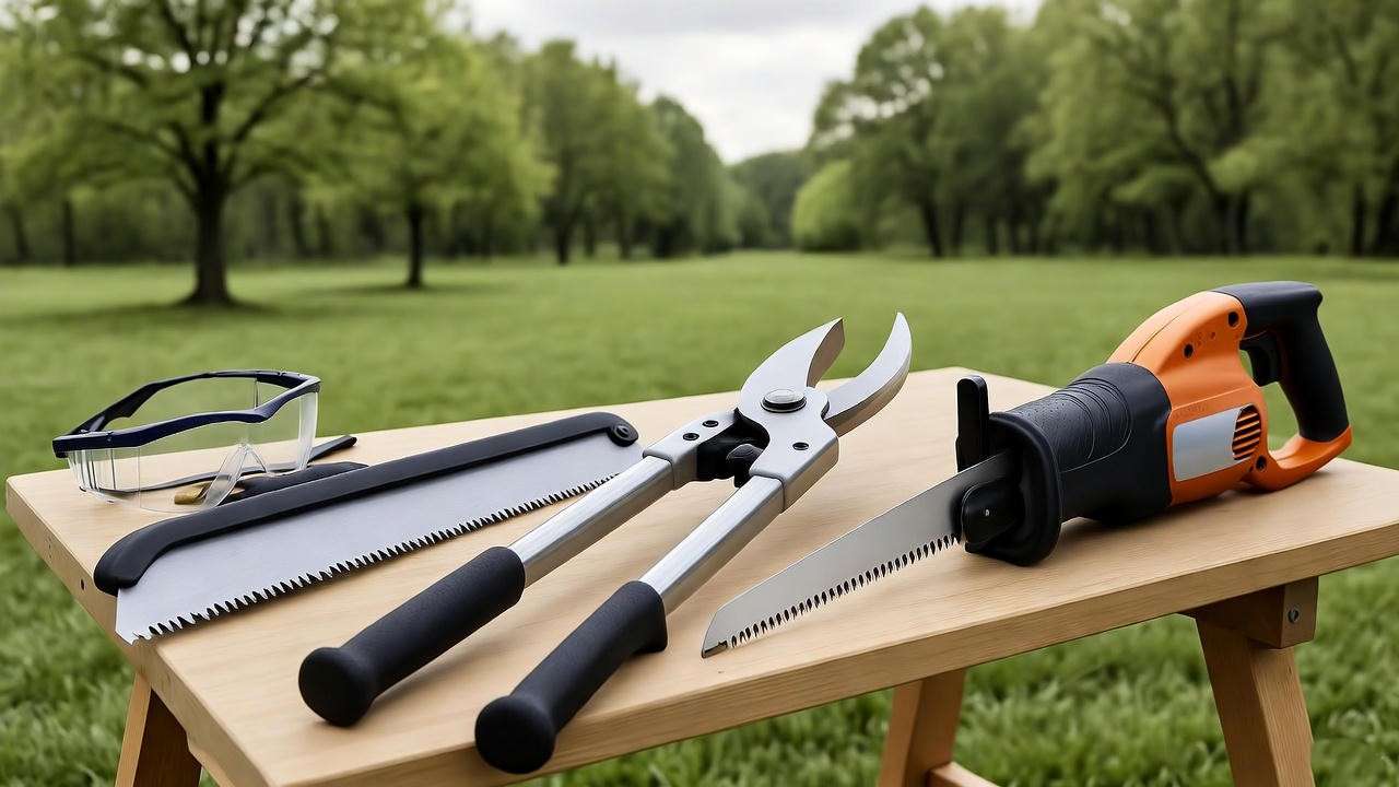 Pruning saw, loppers, and safety gear on a workbench for safely cutting tree roots, set in an outdoor tree care environment.