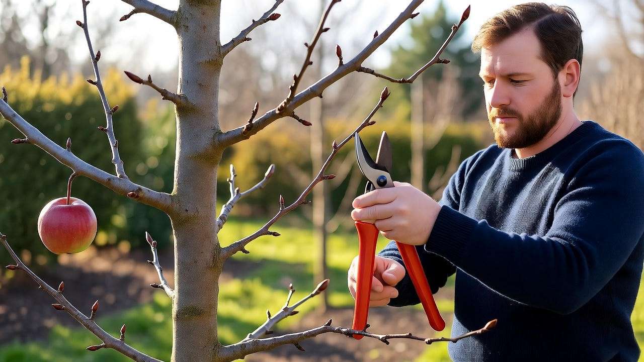 Gardener pruning a Cosmic Crisp apple tree with bypass pruners in a spring garden. 