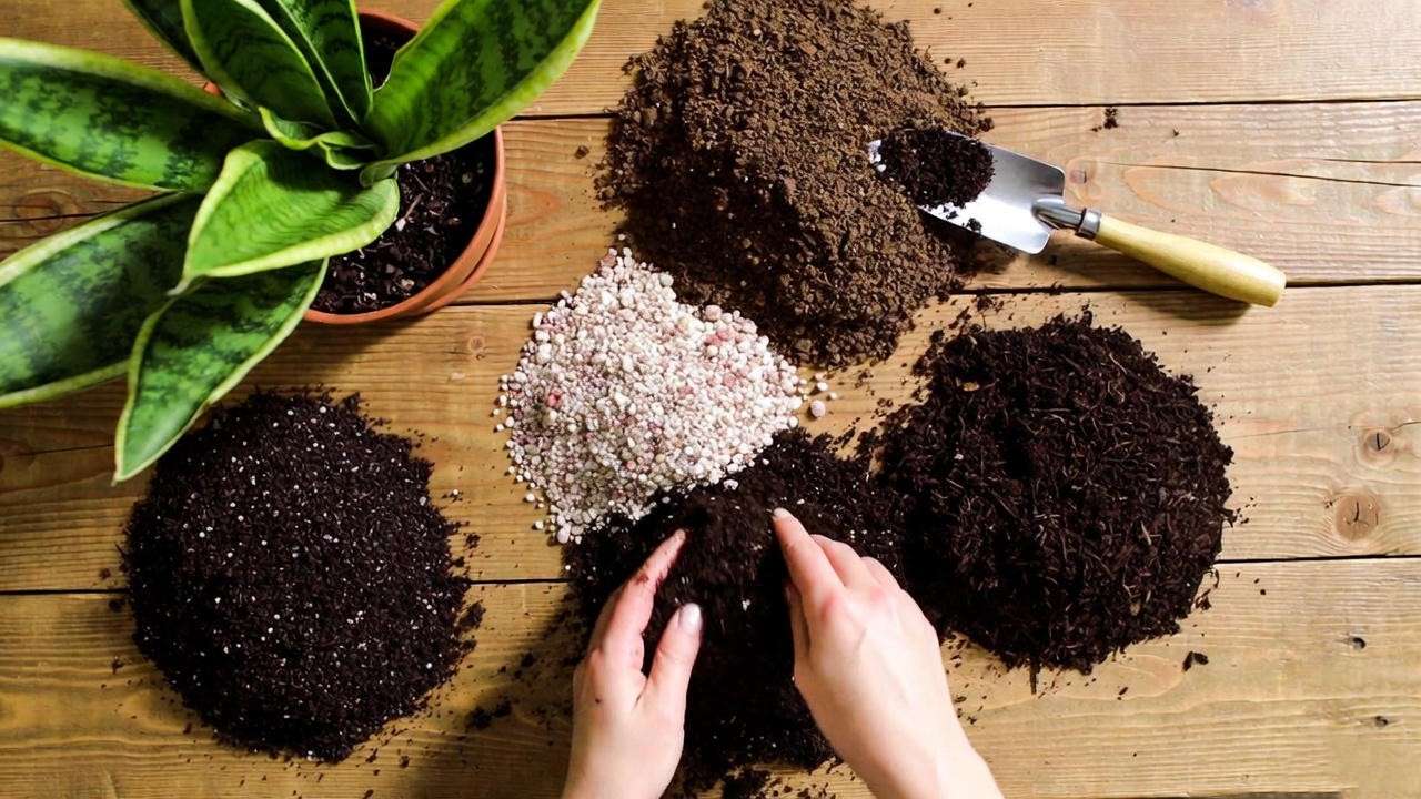 Hands mixing soil with peat, perlite, and compost for green leaf plant care, with a snake plant in the background. 