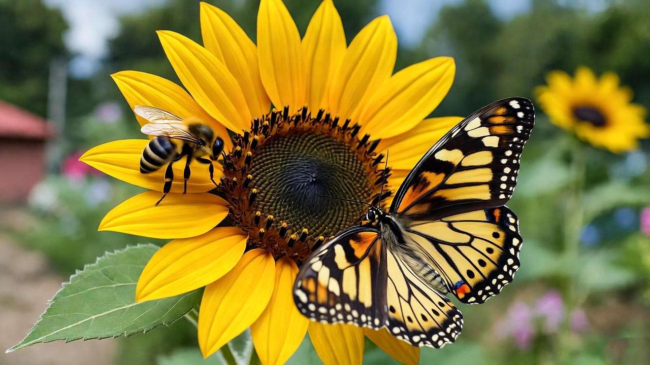 Bee and butterfly on a vibrant sunflower in a pollinator-friendly garden.