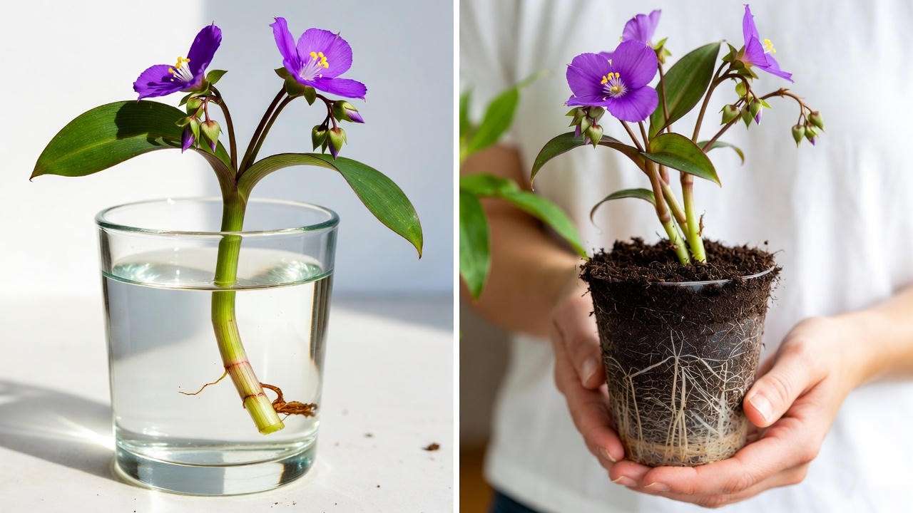 Step-by-step image showing purple spiderwort stem cuttings rooting in water and being planted in soil.