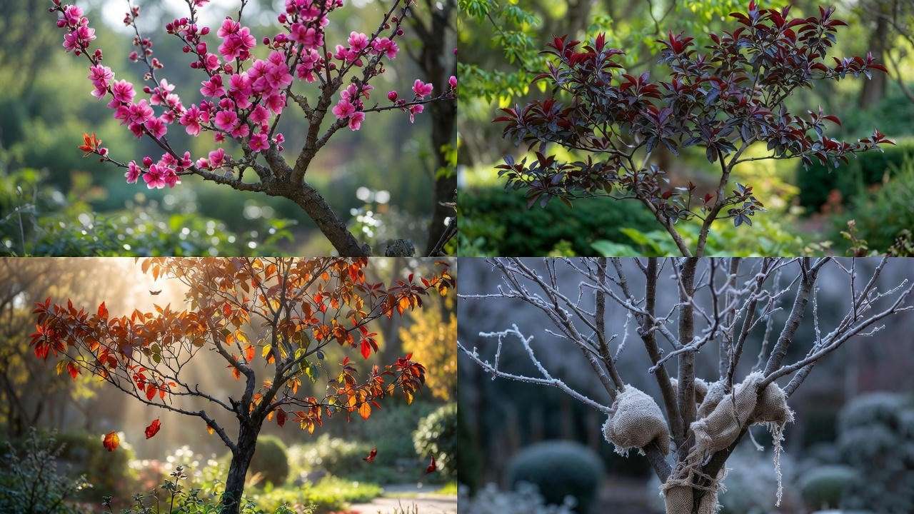 (Purple Leaf Plum) in spring, summer, fall, and winter, showcasing seasonal care.