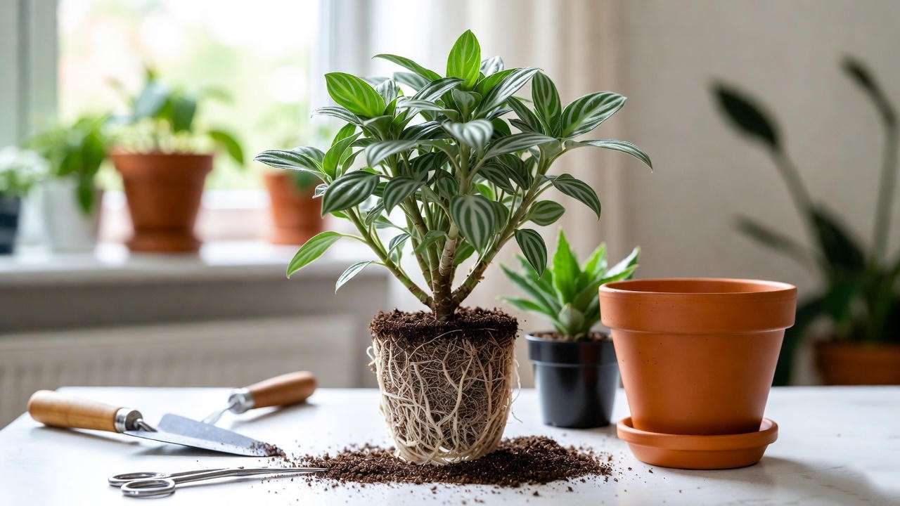 Repotting a Silver Dragon Plant with visible roots, new terracotta pot, and gardening tools on a table.