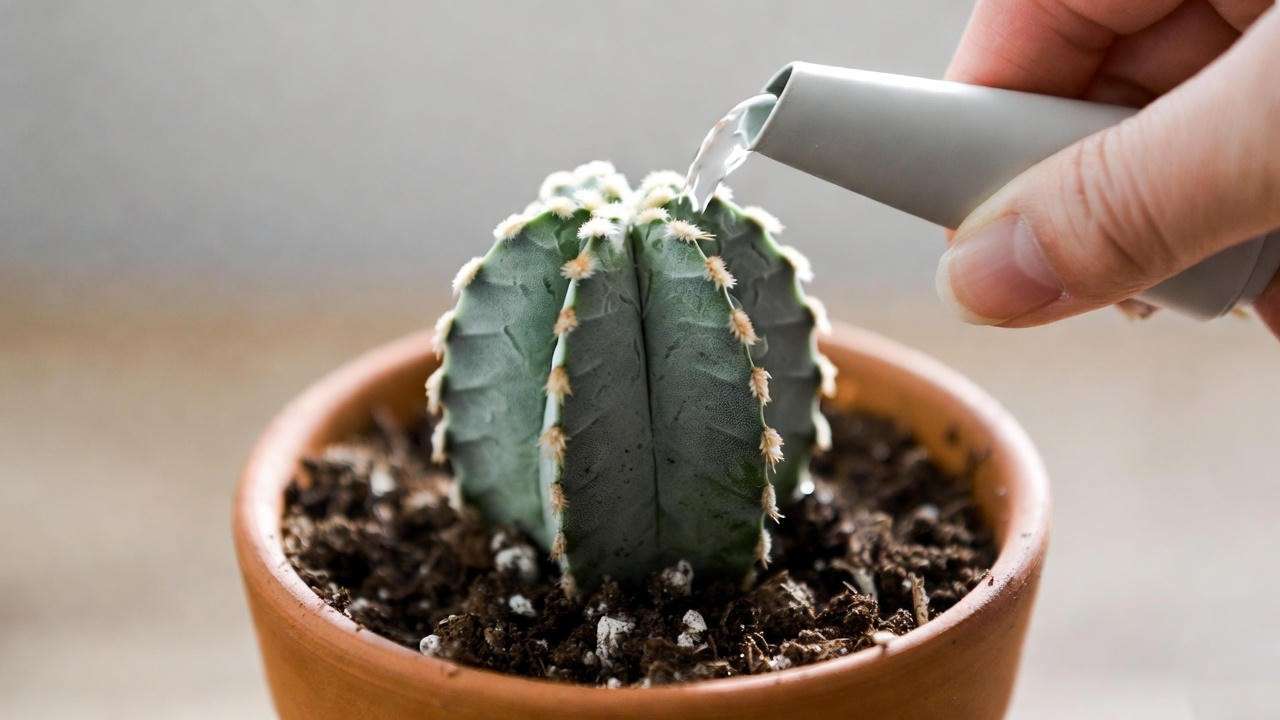 Hand watering a ghost cactus plant in a terracotta pot, demonstrating the soak and dry method for succulent care.