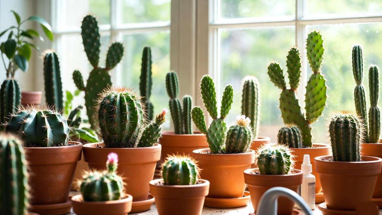 Indoor windowsill with mixed cactus plants, a watering can, and fertilizer, bathed in spring sunlight for seasonal care.
