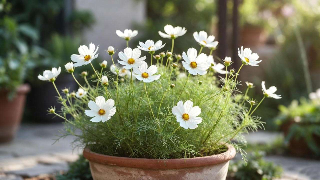 Cosmos plant white blooming in a terracotta pot on a patio, demonstrating creative container gardening for urban spaces.
