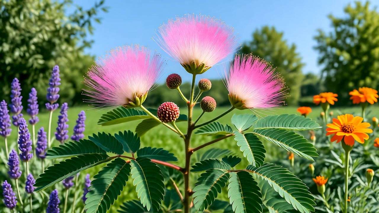 Mature Mimosa pudica plant with pink flowers in a sunny garden, surrounded by lavender and marigolds.

