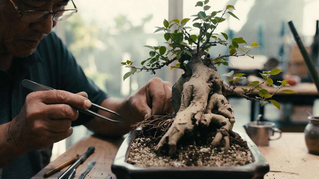 “Bonsai expert pruning roots and branches to control the tree’s size.” 