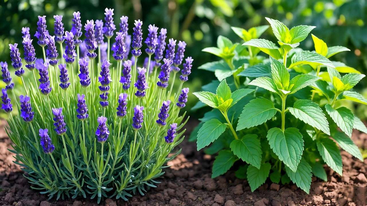 Lavender and lemon balm companion planting in drought-tolerant herb garden