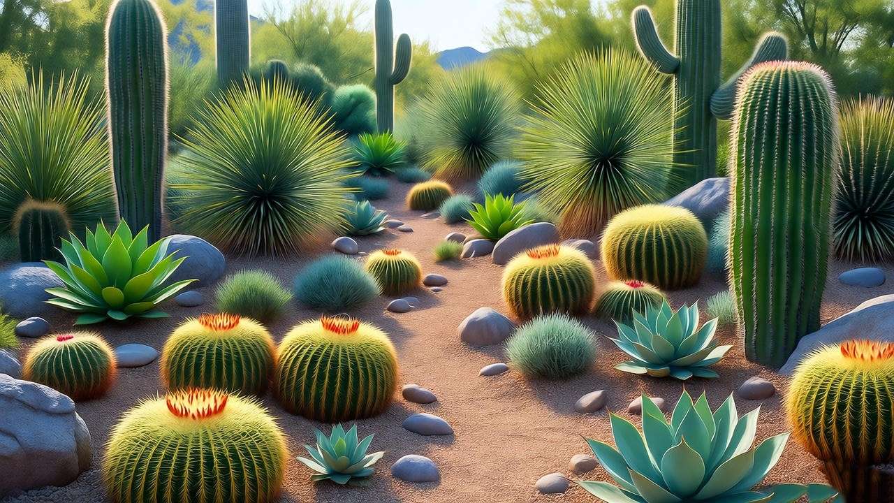 Stunning desert garden with Saguaro, Barrel Cacti, succulents, gravel paths, and boulders under bright sunlight.