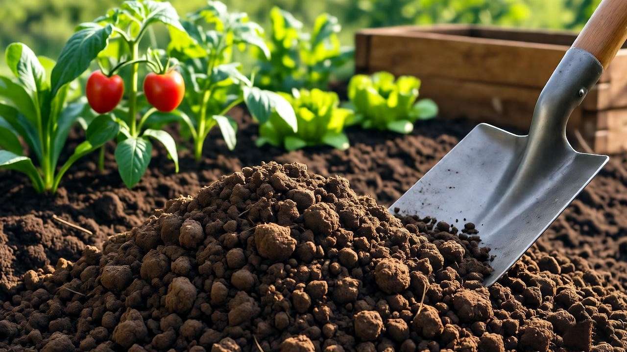 Sustainable gardening scene with compost being added to a vegetable garden, featuring healthy plants and a compost bin.