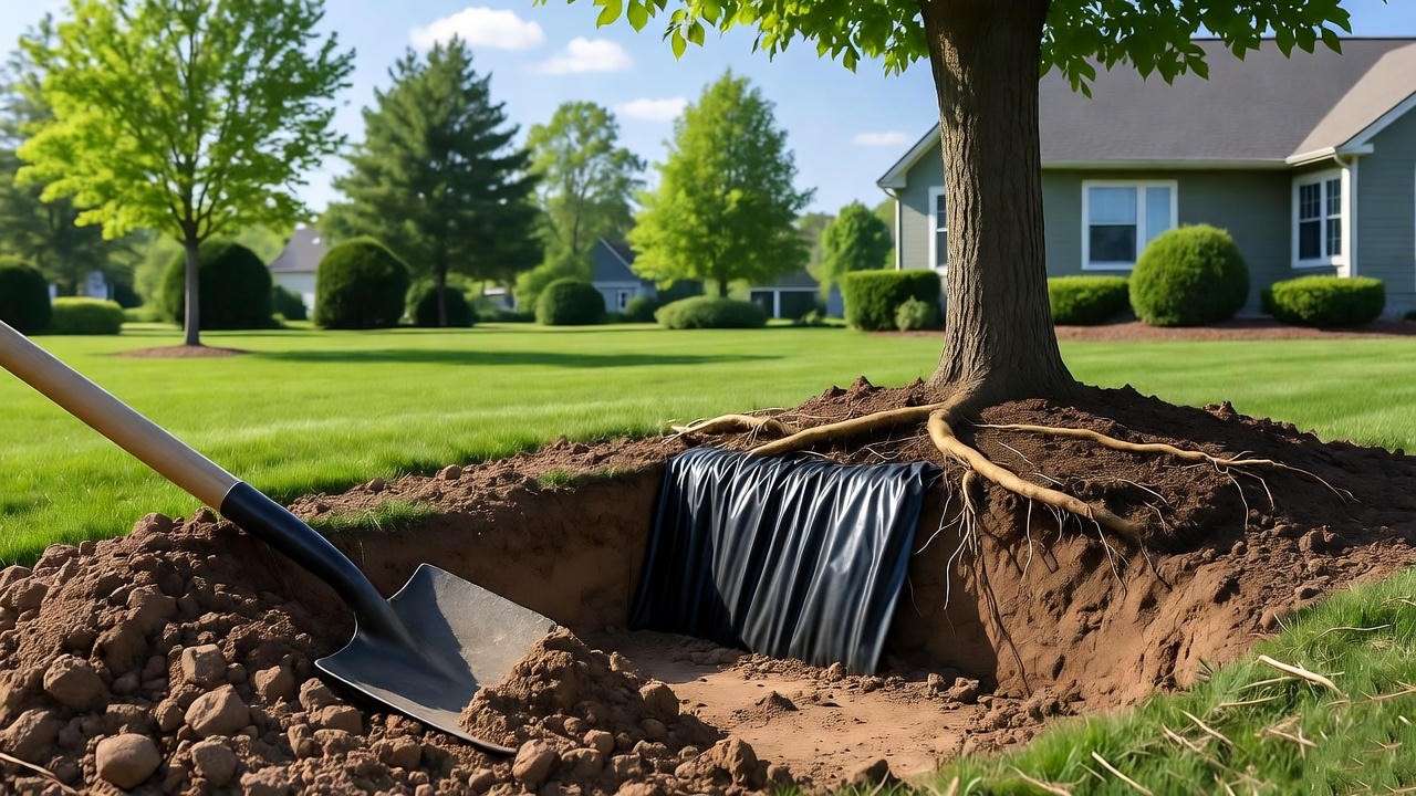 Installation of a plastic root barrier near a tree to redirect roots, preventing damage in a residential landscape.