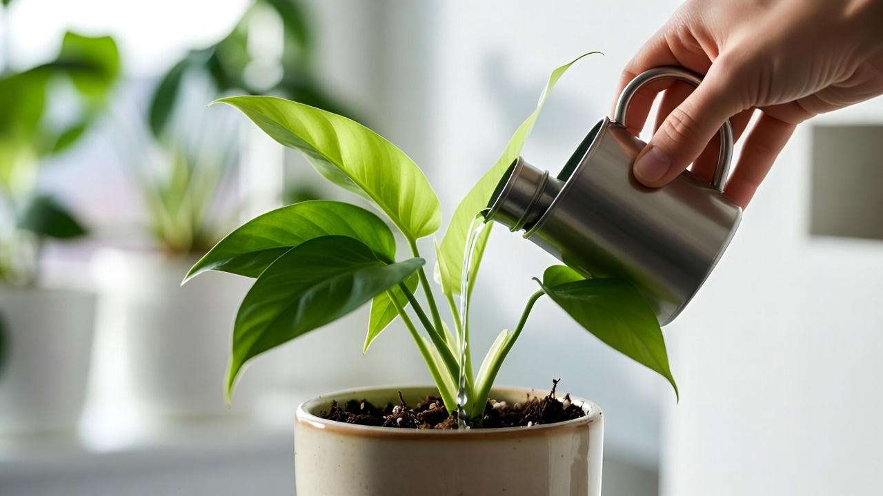 Hand fertilizing a philodendron with liquid fertilizer, showcasing proper nutrition for green leaf plant care. 