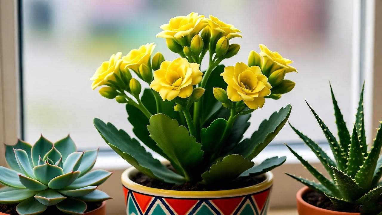 Indoor display of yellow kalanchoe with echeveria and aloe in a colorful pot on a windowsill." 