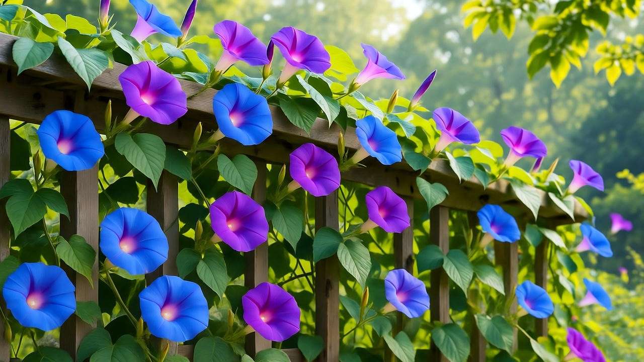 Blue and purple morning glory flowers climbing a wooden trellis in a garden.