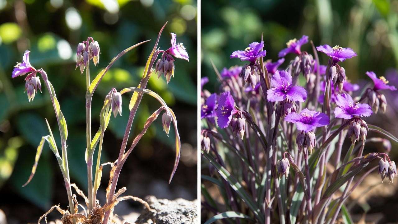 Comparison of a faded, leggy purple spiderwort plant with a vibrant, healthy, well-maintained one.