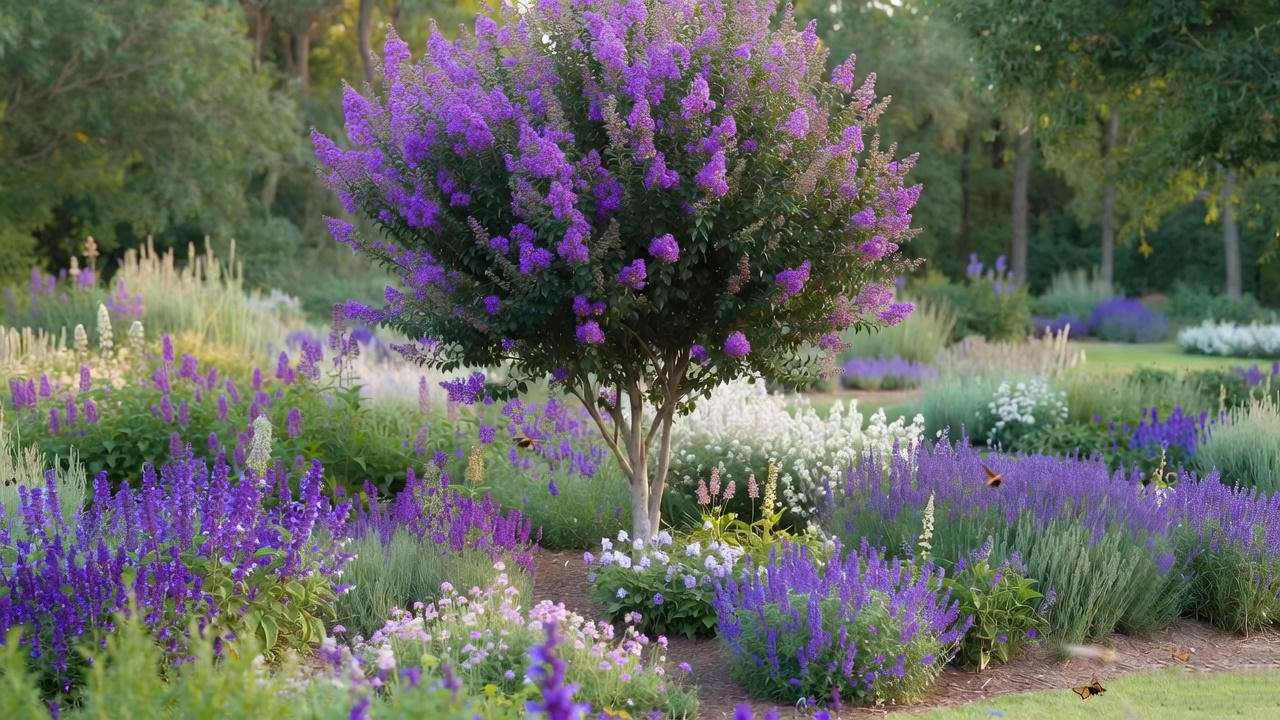 (Crape Myrtle) in a vibrant garden with lavender and salvia companion plants.