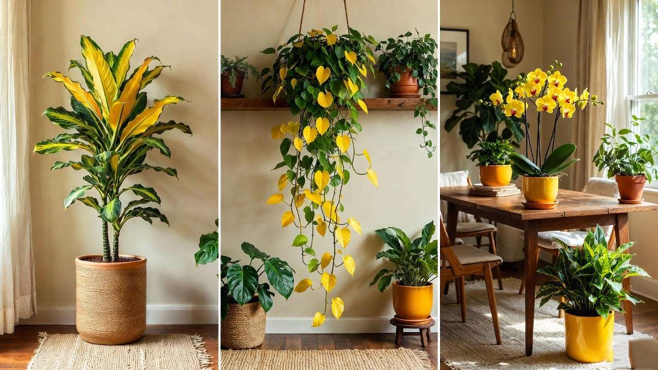Modern bohemian room with yellow house plants like Dracaena ‘Lemon Lime’ and Golden Pothos, styled on shelves and as a dining table centerpiece.