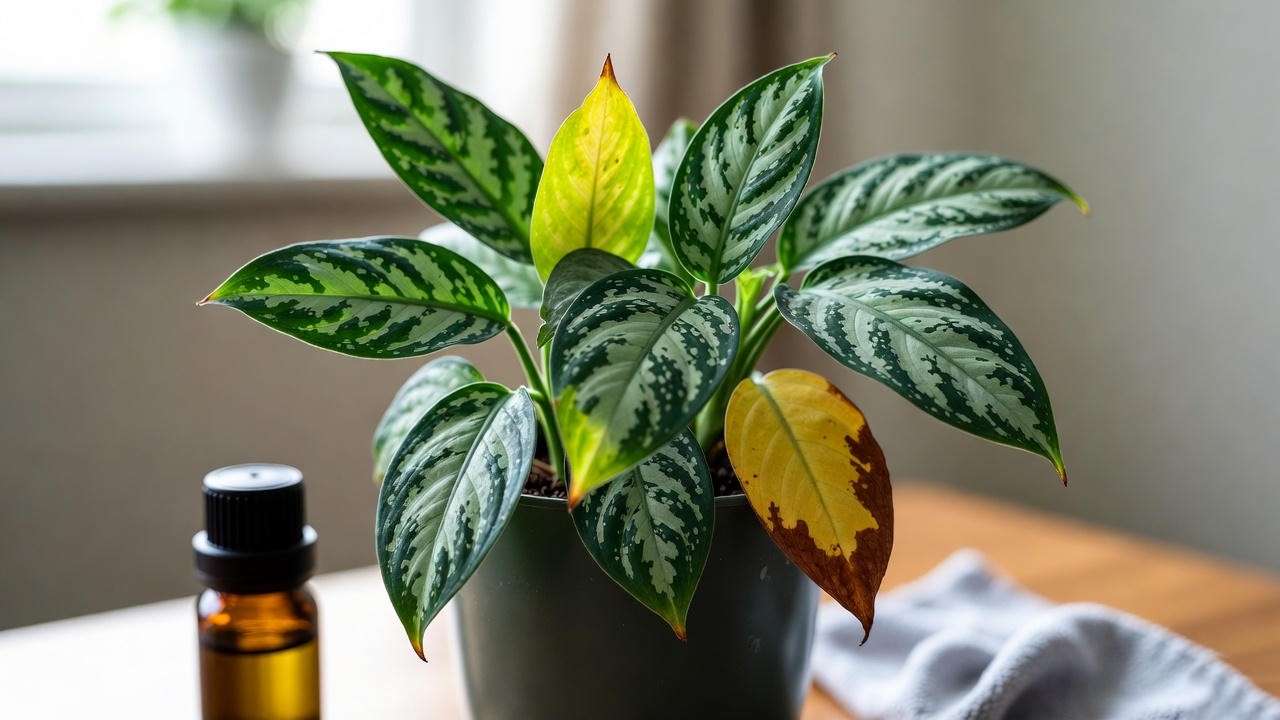 Silver Dragon Plant with yellowing and brown-tipped leaves, alongside neem oil for troubleshooting care issues
