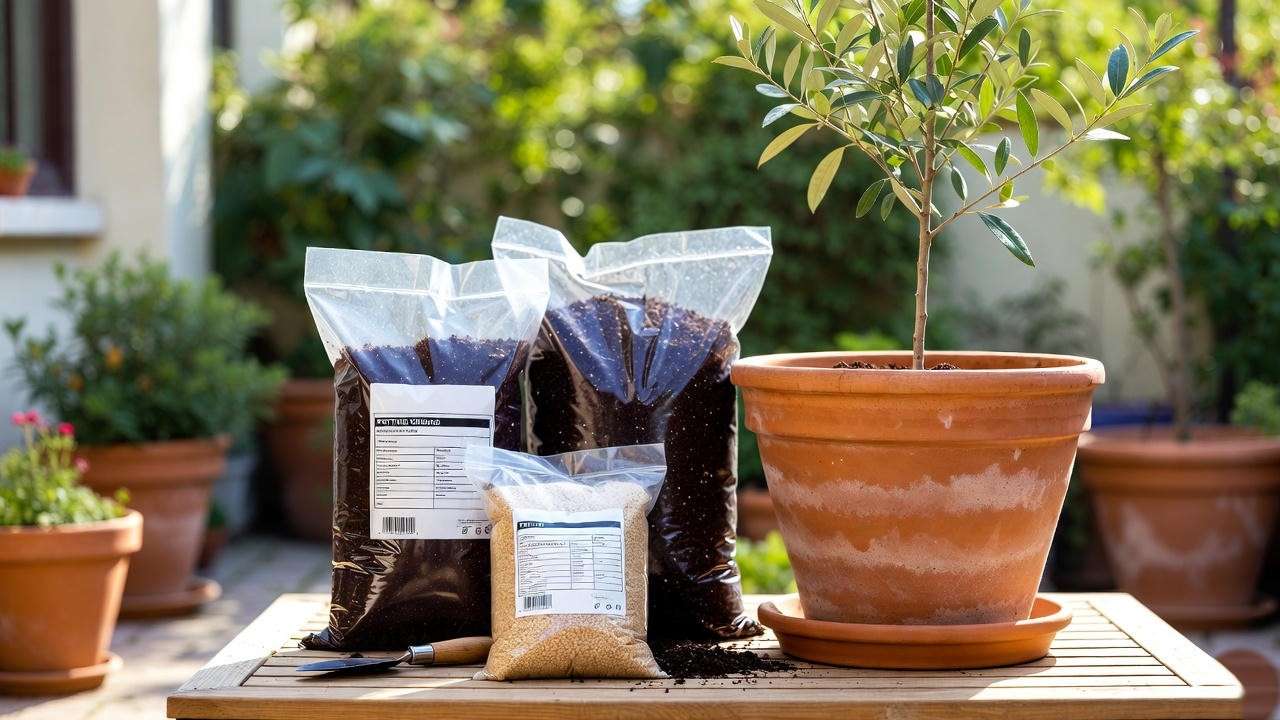 Terracotta pot with soil, perlite, and compost for planting a dwarf olive tree on a sunny patio.
