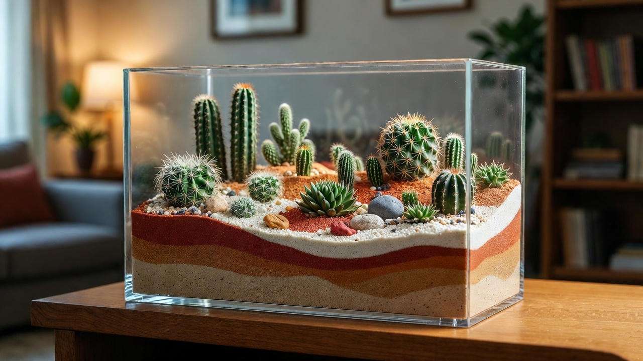 Glass terrarium with mixed cactus plants, layered sand, and rocks on a wooden shelf in a modern living room.
