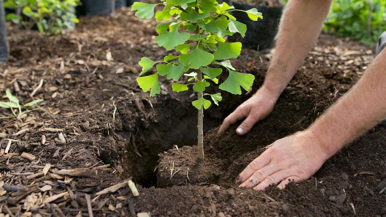 Gardener planting a young columnar ginkgo tree at correct depth in prepared soil