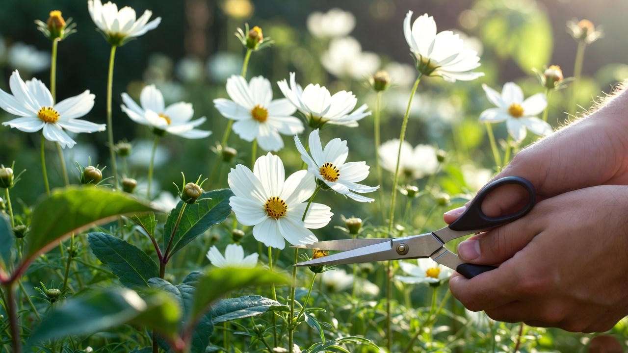 Gardener deadheading cosmos plant white blooms with scissors, promoting continuous flowering in a vibrant garden.
