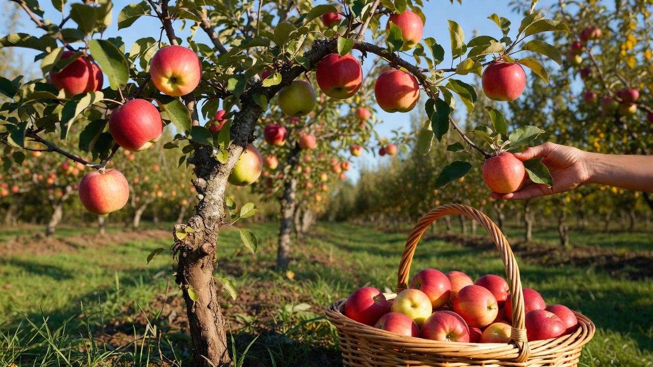 Harvesting ripe apples from a grafted apple tree in a sunny autumn orchard.